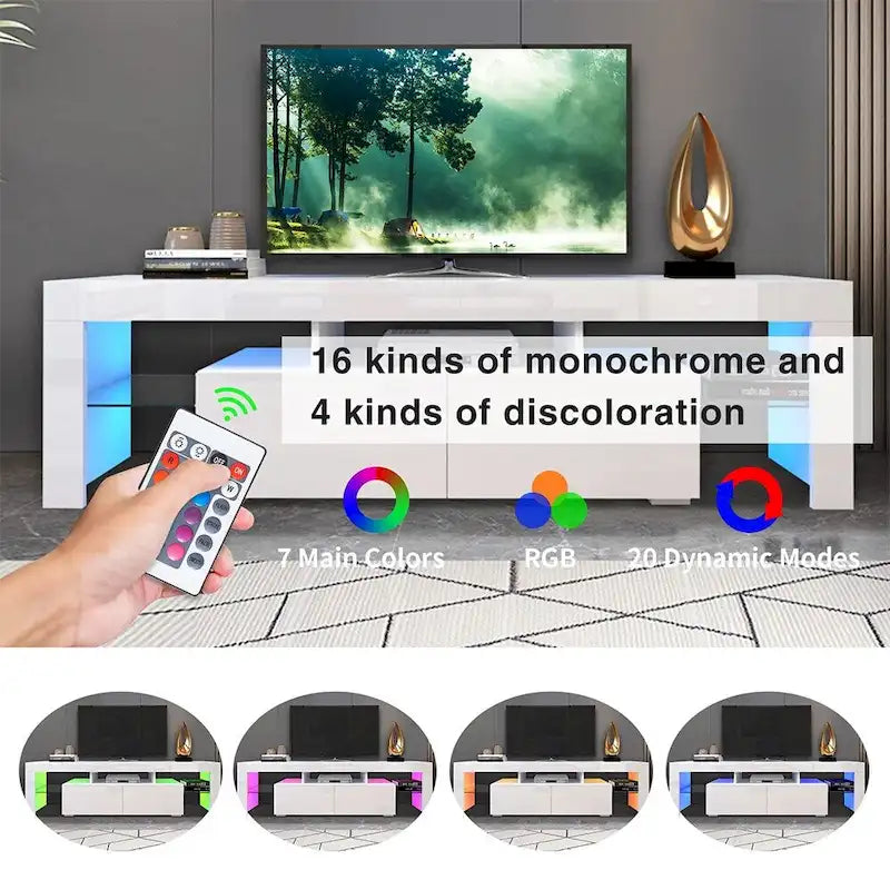 Meuble TV blanc avec LED, 2 tiroirs et étagères ouvertes, convient aux téléviseurs jusqu'à 70"