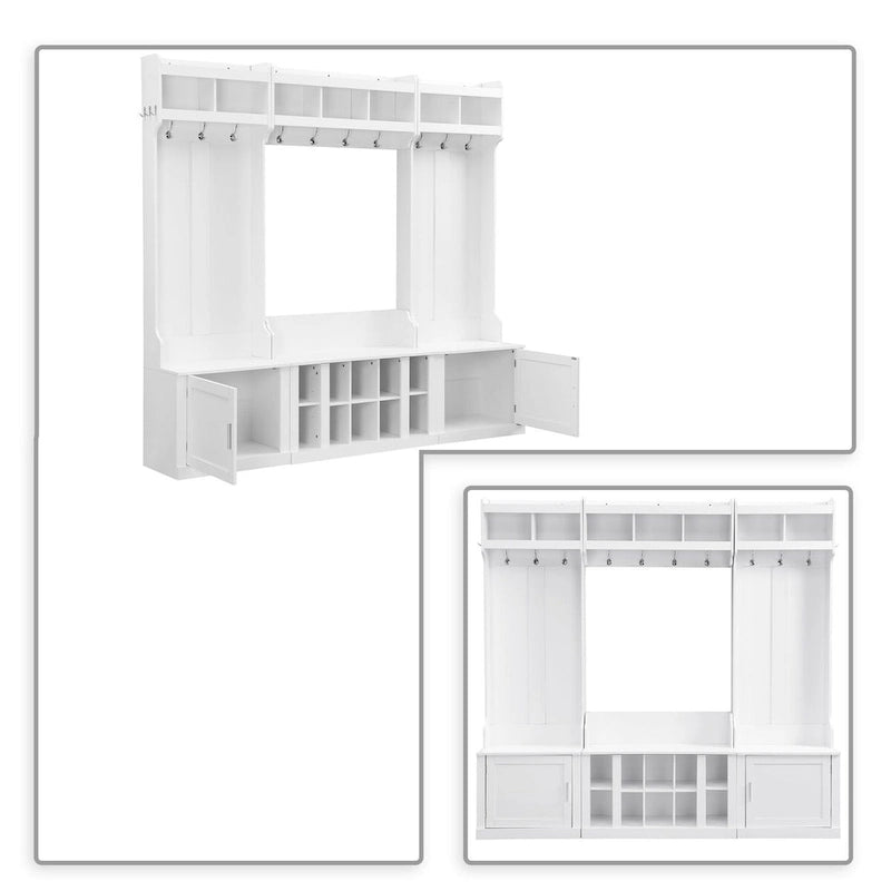 Porte-manteau minimaliste blanc/noir avec crochets, placards et banc, pour 1 à 2 utilisateurs