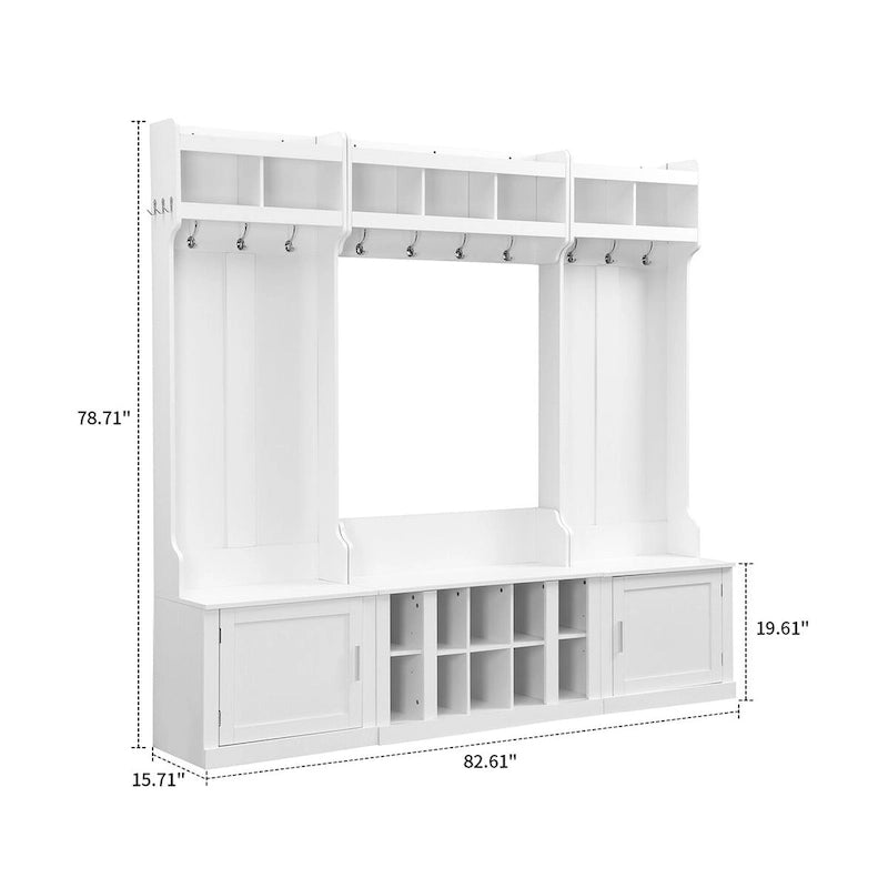 Porte-manteau minimaliste blanc/noir avec crochets, placards et banc, pour 1 à 2 utilisateurs