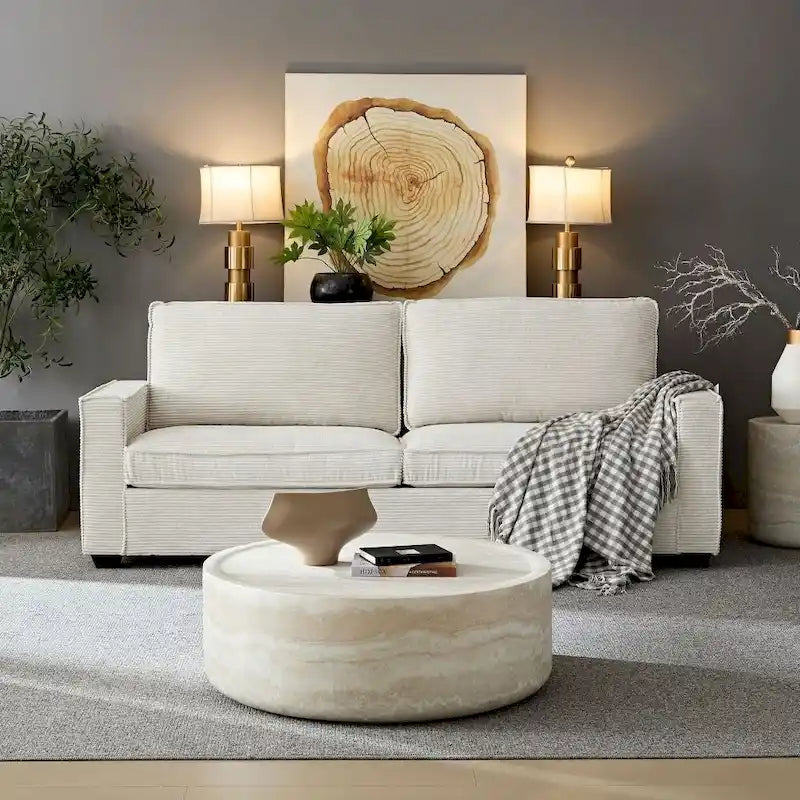 Canapé 3 places en velours côtelé beige/marron avec rangement et porte-gobelet