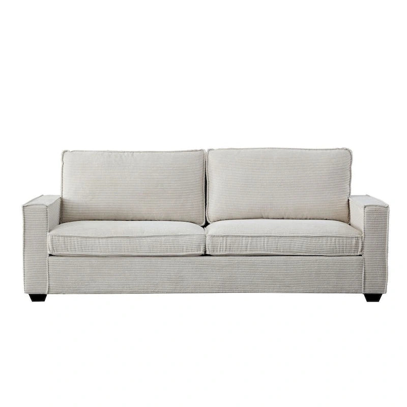 Canapé 3 places en velours côtelé beige/marron avec rangement et porte-gobelet