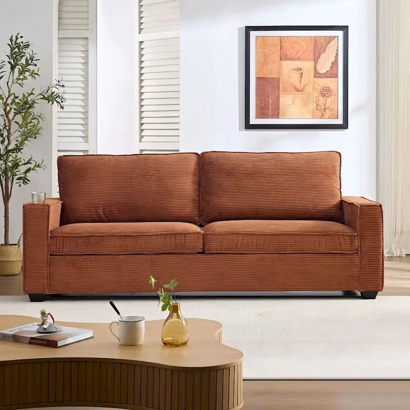 Canapé 3 places en velours côtelé beige/marron avec rangement et porte-gobelet