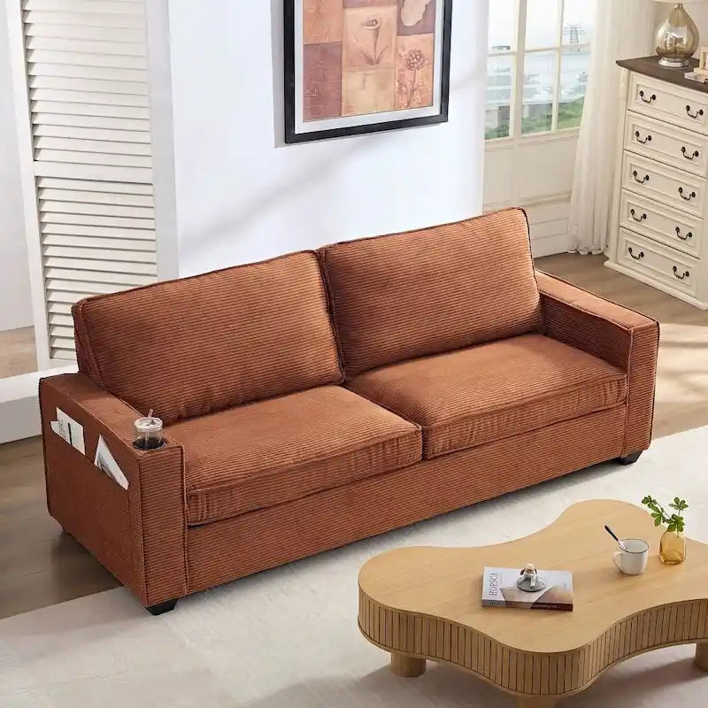Canapé 3 places en velours côtelé beige/marron avec rangement et porte-gobelet