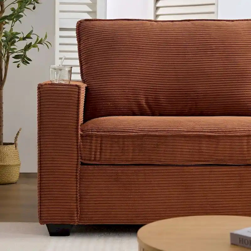 Canapé 3 places en velours côtelé beige/marron avec rangement et porte-gobelet