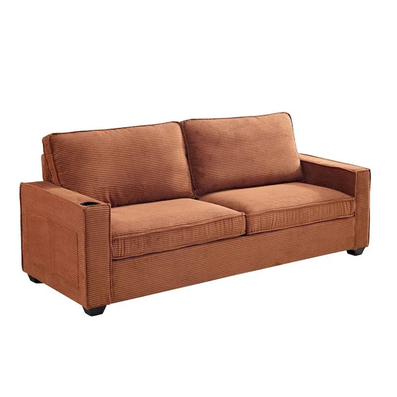 Canapé 3 places en velours côtelé beige/marron avec rangement et porte-gobelet