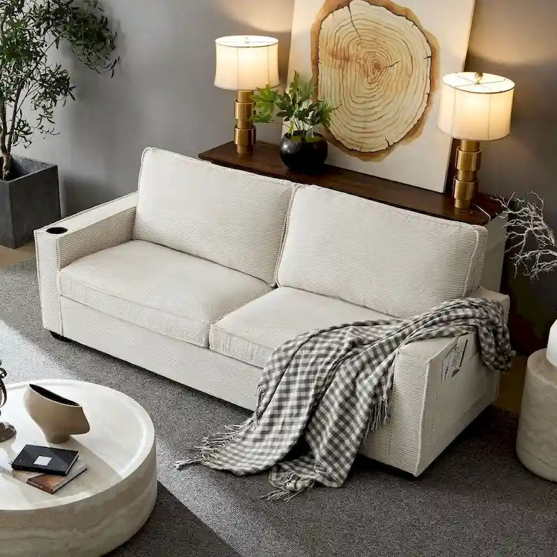 Canapé 3 places en velours côtelé beige/marron avec rangement et porte-gobelet