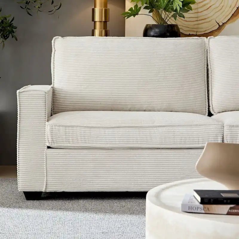 Canapé 3 places en velours côtelé beige/marron avec rangement et porte-gobelet